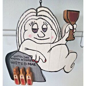 Wood Sign Halloween Wasted Mae Wine Bottle Ghost Red Wine Glass Stave Hanging